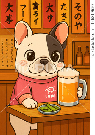 一隻法國鬥牛犬在復古的昭和時代居酒屋裡享用啤酒 136819630