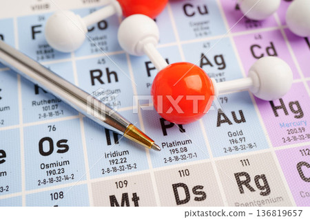 Molecules chemical on a periodic table background. 136819657