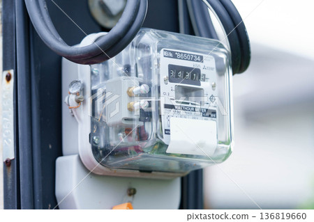 Bangkok, Thailand April 7, 2025 Electric measuring power meter for energy cost at home and office. Bangkok, Thailand April 7, 2025 Electric measuring power meter for energy cost at home and office. 136819660