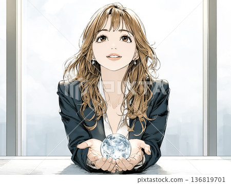 一位女商人手持地球儀，展望未來，展現全球戰略形象。 136819701