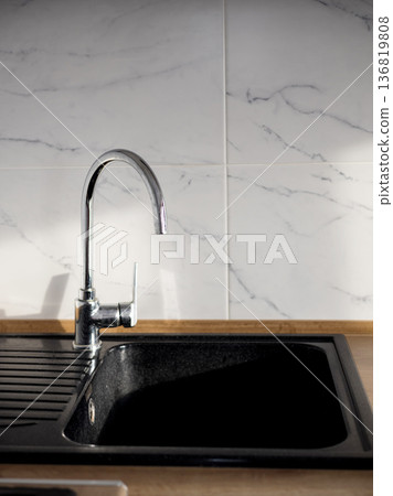 kitchen black sink and single handle faucet, kitchen black sink and single handle faucet, 136819808