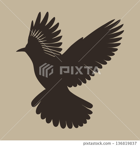 silhouette of brown flying dove on beige background, pigeon vector illustration 136819837