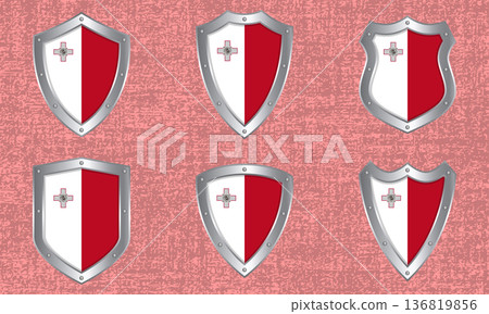 Set of metal shields with the Maltese flag Set of metal shields with the Maltese flag 136819856