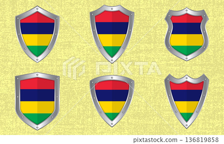 Set of metal shields with the Mauritius flag Set of metal shields with the Mauritius flag 136819858