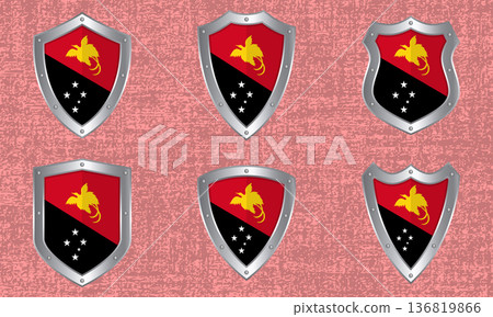Set of metal shields with the Papua New Guinean flag Set of metal shields with the Papua New Guinean flag 136819866