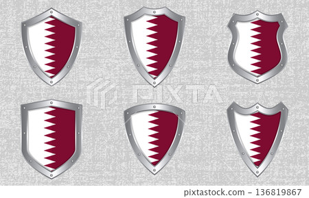 Set of metal shields with the Qatari flag Set of metal shields with the Qatari flag 136819867