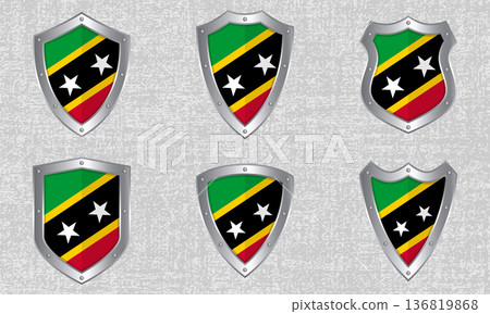Set of metal shields with the Saint Kitts and Nevis flag Set of metal shields with the Saint Kitts and Nevis flag 136819868