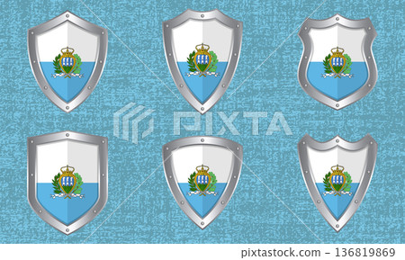 Set of metal shields with the San Marino flag Set of metal shields with the San Marino flag 136819869