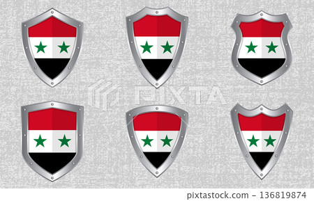 Set of metal shields with the Syrian Arab Republic flag Set of metal shields with the Syrian Arab Republic flag 136819874