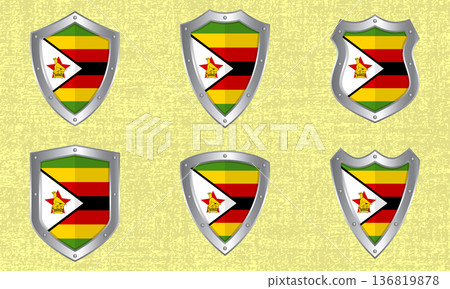 Set of metal shields with the Zimbabwean flag Set of metal shields with the Zimbabwean flag 136819878