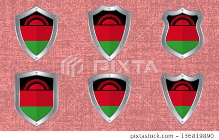 Set of metal shields with the Malawi flag Set of metal shields with the Malawi flag 136819890