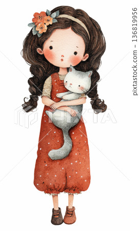 Watercolor cute doll girl hugging cute cat wearing a red overalls dress with flower crown costume clip art illustration isolated on white background 136819956