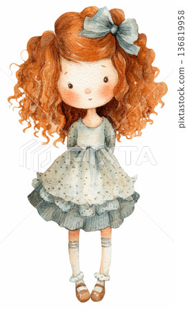 Watercolor cute doll girl wearing a white dress and bows costume clip art illustration isolated on white background 136819958