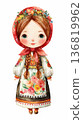 Watercolor cute doll girl Ukrainian rag doll motanka has braided hair with flower crown and wearing traditional white lace dress with red headscarf costume clip art illustration isolated on white 136819962