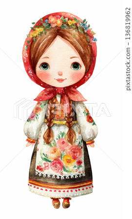 Watercolor cute doll girl Ukrainian rag doll motanka has braided hair with flower crown and wearing traditional white lace dress with red headscarf costume clip art illustration isolated on white Watercolor cute doll girl Ukrainian rag doll motanka has braided hair with flower crown and wearing traditional white lace dress with red headscarf costume clip art illustration isolated on white 136819962