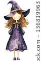 Watercolor cute doll girl wearing black winter knitted dress and witch hat costume on Halloween clip art illustration isolated on white background 136819963