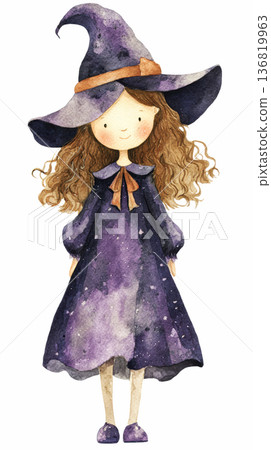 Watercolor cute doll girl wearing black winter knitted dress and witch hat costume on Halloween clip art illustration isolated on white background 136819963