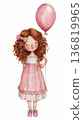 Watercolor cute doll girl wearing pink dress holding pink balloon costume clip art illustration isolated on white background 136819965