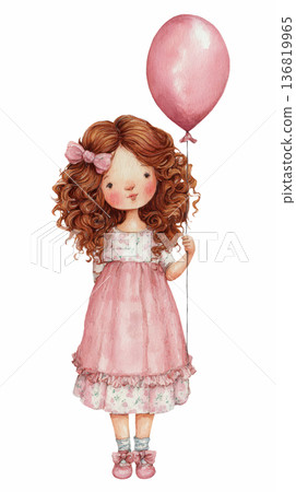 Watercolor cute doll girl wearing pink dress holding pink balloon costume clip art illustration isolated on white background Watercolor cute doll girl wearing pink dress holding pink balloon costume clip art illustration isolated on white background 136819965
