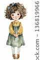 Watercolor cute doll girl wearing a yellow dress with green overalls dress and bows costume clip art illustration isolated on white background 136819966