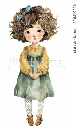Watercolor cute doll girl wearing a yellow dress with green overalls dress and bows costume clip art illustration isolated on white background 136819966