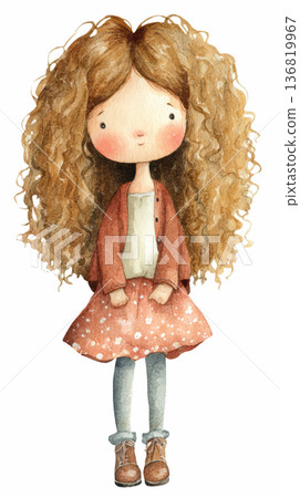 Watercolor cute doll girl wearing a pink dress costume clip art illustration isolated on white background 136819967