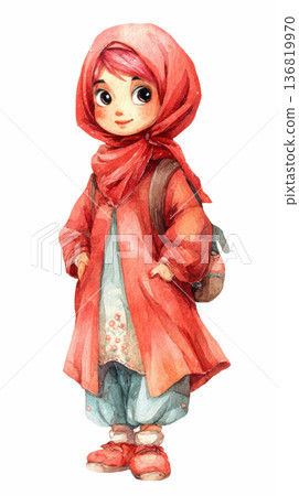 Watercolor cute doll Muslim girl wearing red dress and Hijab clothes clip art cartoon illustration isolated on white background 136819970
