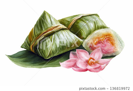 Watercolor banana wrapped in sticky rice is a traditional Thai dessert with blooming pink flowers clip art illustration isolated on white background Watercolor banana wrapped in sticky rice is a traditional Thai dessert with blooming pink flowers clip art illustration isolated on white background 136819972