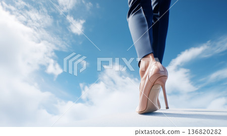 一張低角度拍攝的女商人行走在藍天下的雙腳照片 136820282