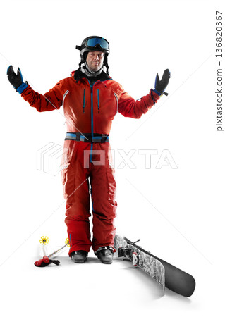 Skiing sport. Silhouette of a skiing on white background. Sport emotion. Skier in full gear. Red. Success. Isolated 136820367
