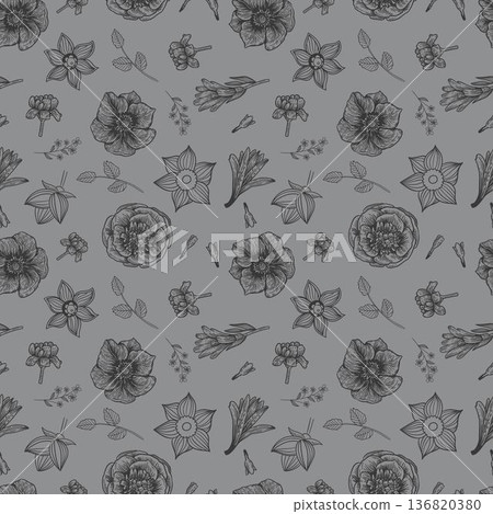 Seamless Vintage Engraving Floral Line Art Pattern Seamless Vintage Engraving Floral Line Art Pattern 136820380