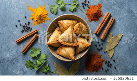 Delicious samosas in bowl with spices and herbs on blue background 136820631