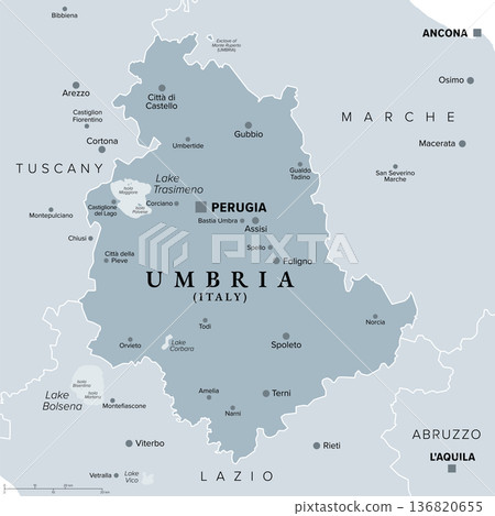 Umbria, a region of central Italy, gray political map, with capital Perugia and largest cities. Region on the Italian Peninsula, with the historic towns Assisi, Orvieto, Gubbio, and Spoleto. Vector 136820655