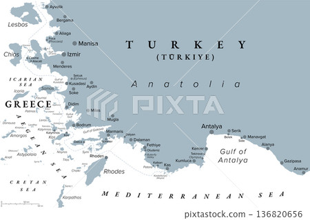Turkish Riviera, or Turquoise Coast, a region in southwest Turkey, gray political map. Located along the Mediterranean and Aegean coasts. The Dodecanese islands lie to the west of the Riviera. Vector 136820656