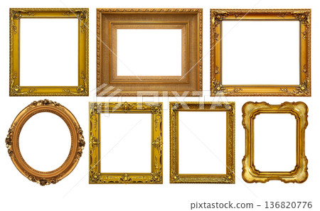 Golden antique picture frames collection with transparent background 136820776