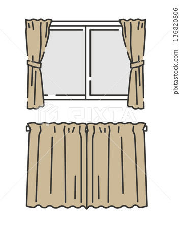 一組窗戶插圖，窗簾打開和關閉兩種狀態 136820806