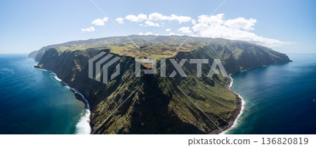 Wide drone panorama shows Ponta do Pargo headland a cliff plateau ringed by Atlantic surf lines Wide drone panorama shows Ponta do Pargo headland a cliff plateau ringed by Atlantic surf lines 136820819