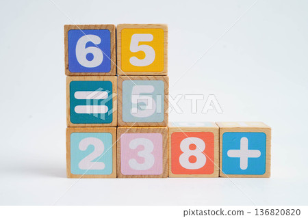 Number wood block cubes for learning Mathematic, education math concept. 136820820