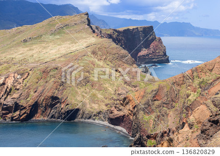 From Sao Lourenco trail Baia d Abra bay curves past basalt layers and red terraces with waves 136820829
