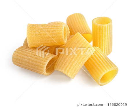 Rigatoni pasta, raw dry food, isolated on white background 136820939