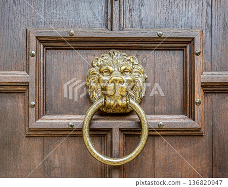 Brass lion head door knocker on rustic wooden door Brass lion head door knocker on rustic wooden door 136820947