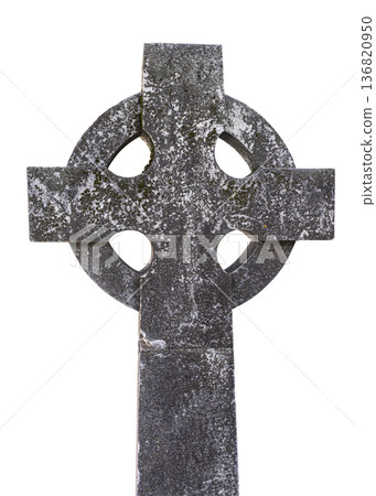 Weathered stone celtic cross religious grave monument Weathered stone celtic cross religious grave monument 136820950