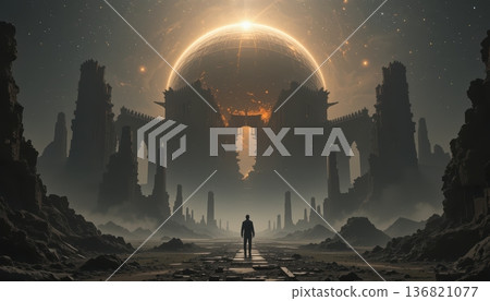 A lone man standing before a massive glowing celestial sphere in ancient ruins 136821077