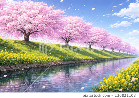 景觀與油菜花和櫻花 136821108