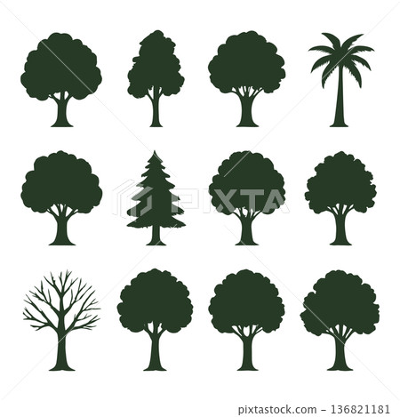 set of 12 different tree silhouettes on white background vector illustration 136821181