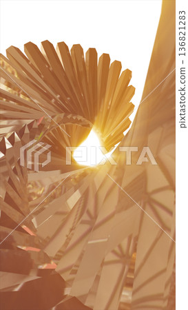 Golden geometric spiral structure reflecting warm light, forming an abstract architectural shape with depth and glow Golden geometric spiral structure reflecting warm light, forming an abstract architectural shape with depth and glow 136821283