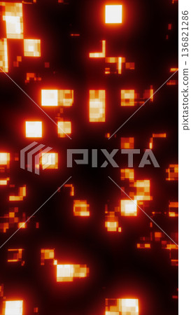 Glowing orange pixel blocks floating on dark background, digital data concept with hot light squares Glowing orange pixel blocks floating on dark background, digital data concept with hot light squares 136821286
