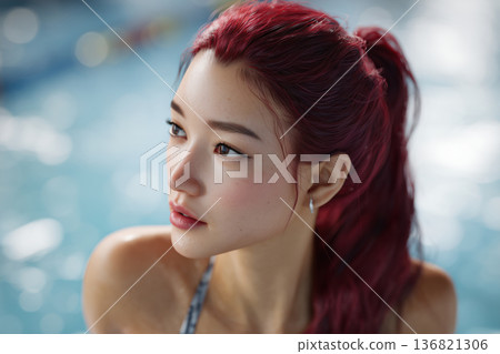 Beautiful asian woman with red hair in the swimming pool. Beautiful asian woman with red hair in the swimming pool. 136821306