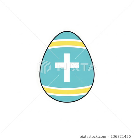 Easter egg with white cross symbol and teal yellow stripes Christian religious holiday decoration illustration 136821430