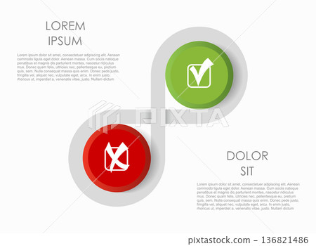 Dual-path infographic with two circular nodes for comparison, approval vs. rejection, binary decision. Vector illustration. Dual-path infographic with two circular nodes for comparison, approval vs. rejection, binary decision. Vector illustration. 136821486